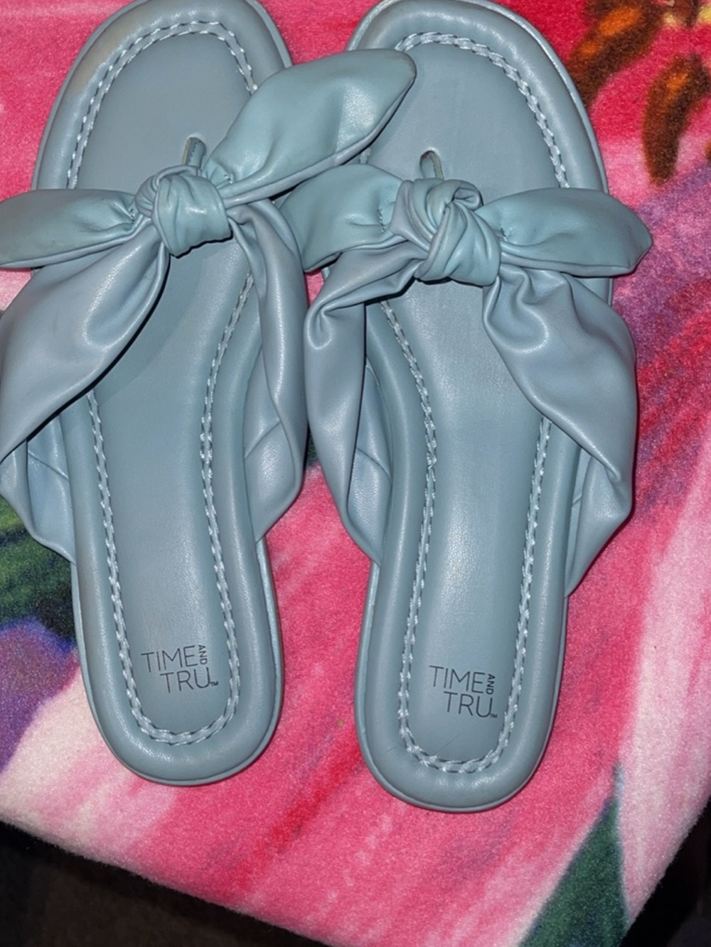 TIME AND TRU Women's Light Blue Knot Bow Slide Sandals